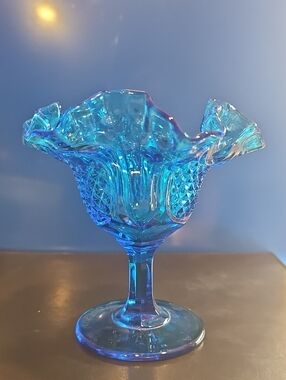 Blue Fenton Ruffled Glass Diamond Compote